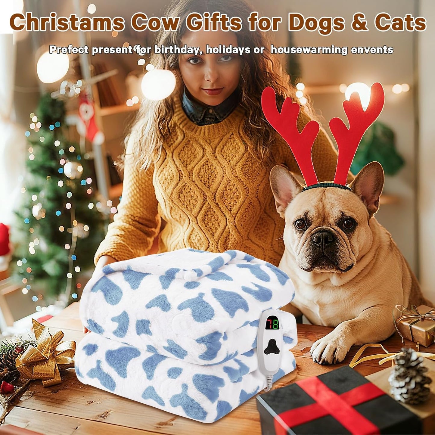 Cow Print Heated Electric Blanket Twin,62X84 Blue Heating Blanket with 10 Heats Levels & 8 Hours Auto Off,Cute Cow Decor Fleece Sherpa Blankets Warmer Gifts for Women Couch Office,Washable