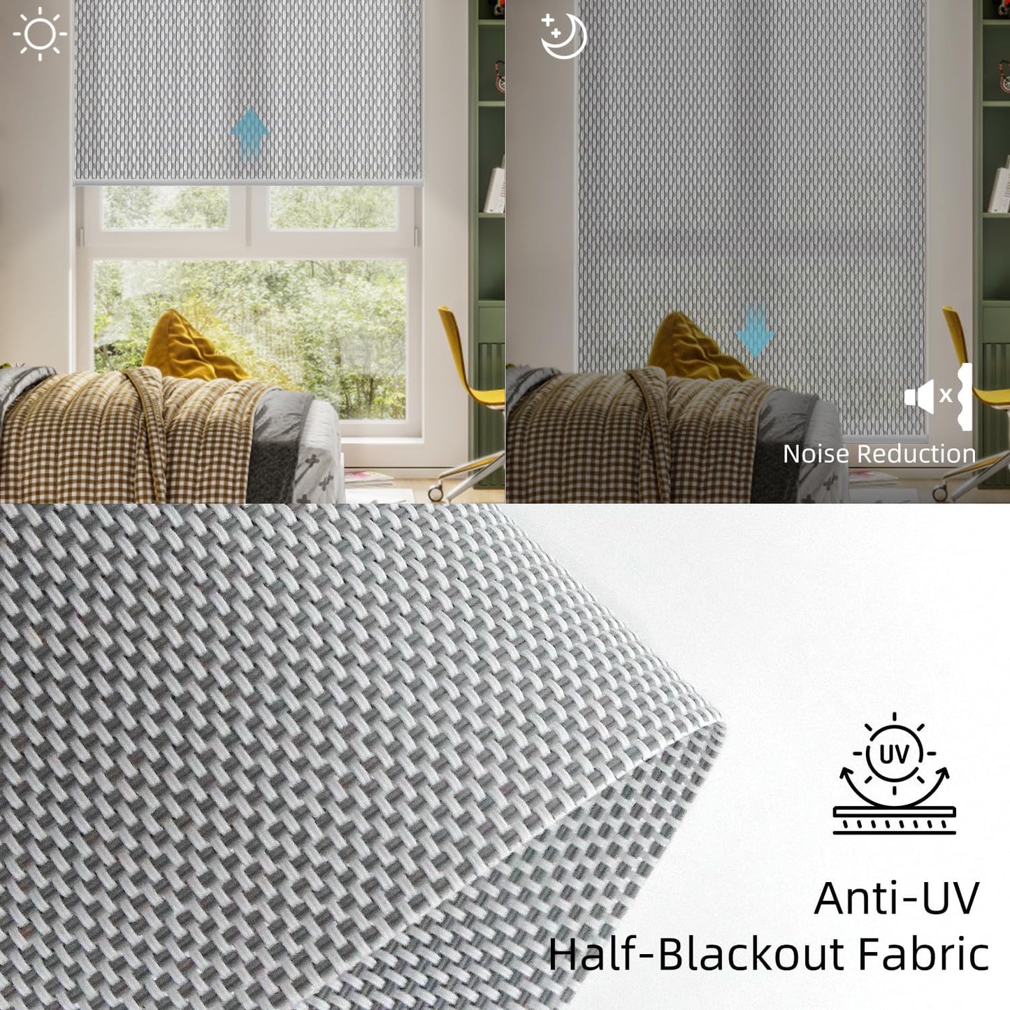SmartWings Motorized Roller Shades 5% Openness Work with Homekit, Alexa SmartThings Google, Zigbee Motor Smart Blinds for Windows, Cordless Remote Window Shades, Rechargeable, Customized, White Grey