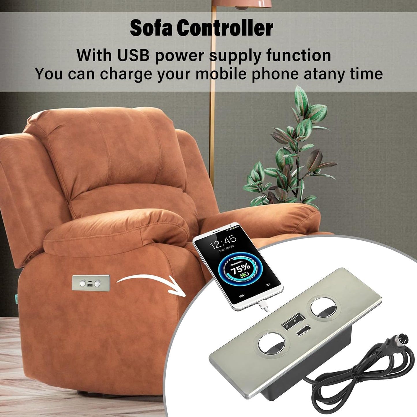 Electric Recliner Switch, Square 2Button 5Pin Chair Lift Controller,Compatible with Okin Limoss Lane Lazy Chair with USB Type C Charging Port,Electric Sofa Controller Stand