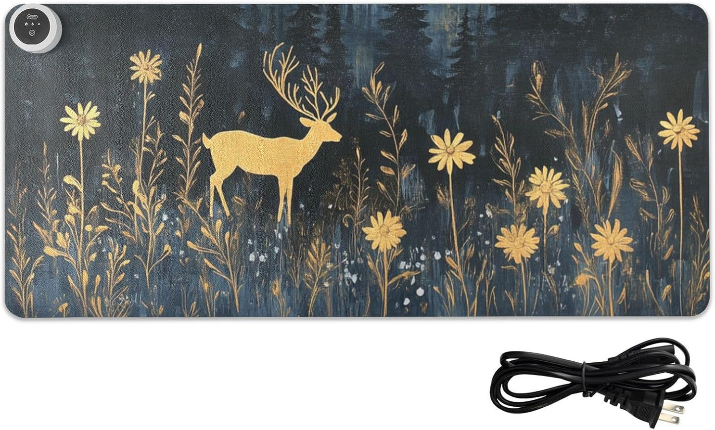 Heated Desk Pad Mouse Pad 31.5x13 Inch PU Leather Desk Mat with 3 Heat Levels Large Mouse Gaming Computer Laptop Mat Deer Blue Hat Flowers Black