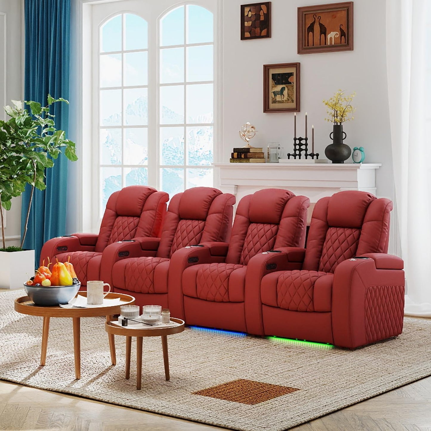 Weilianda Home Theater Seating Top Grain Leather Zero Gravity Recliner Chair Power Headrest Recline Movie Seat Gaming 7 Colors Mood Light Sofa with Tray Table USB Charge Row of 4 Red