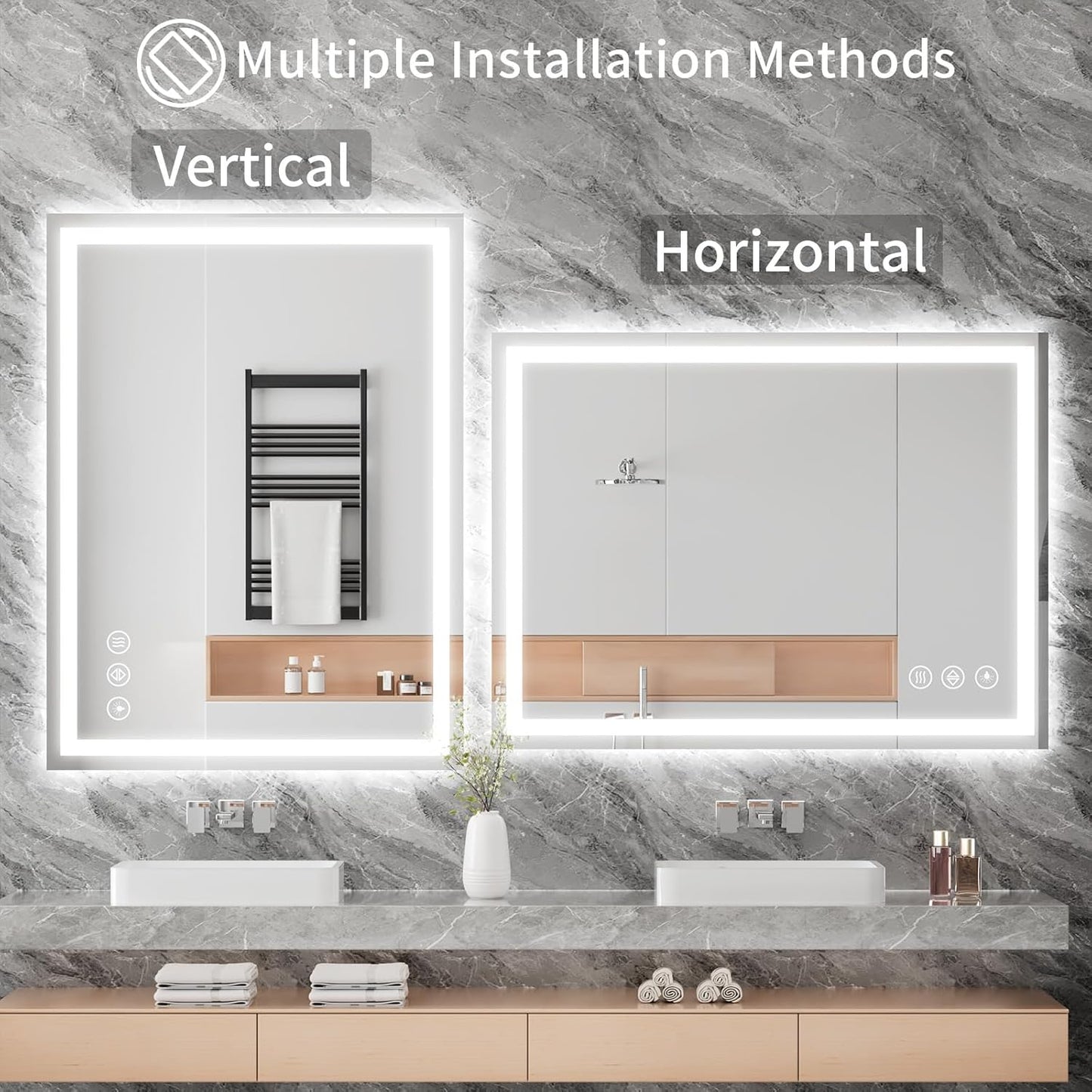 Koonmi 36x48 LED Bathroom Mirror, Backlit + Front Lit, LED Bathroom Mirror with Lights for Wall, 3 Colors, Anti-Fog, Dimmable Brightness, Memory Function, Tempered Glass