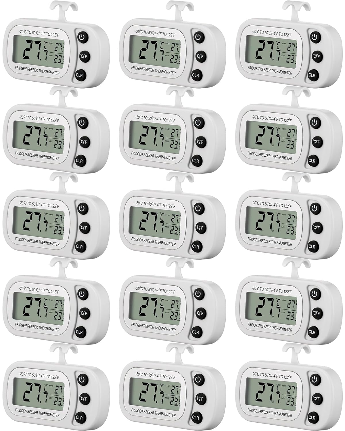 Frienda 16 Pack White Digital Fridge Thermometer Waterproof Refrigerator and Freezer Room Max/min Record Function LCD Screen Refrigerator Thermometer with Hook and Magnetic Back for Home