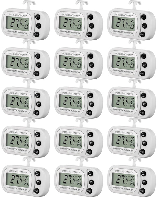 Frienda 16 Pack White Digital Fridge Thermometer Waterproof Refrigerator and Freezer Room Max/min Record Function LCD Screen Refrigerator Thermometer with Hook and Magnetic Back for Home