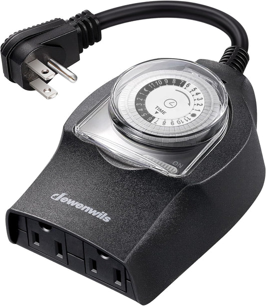 DEWENWILS 1 Pack Mechanical Light Timer for Outdoor Lighting, 24-Hour Plug in Timers, Heavy Duty Programmable Timer Switch with 2 Grounded Outlets for Christmas String Lights, 15A 1/2HP UL Listed