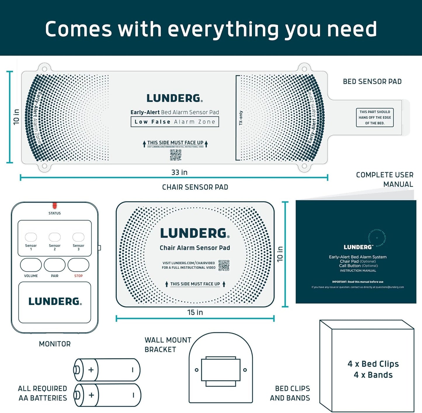 Lunderg Bed Alarm for Elderly Adults & Chair Alarm Set - Wireless Early-Alert Sensor Pad, Chair Pad & Pager - Bed Alarms and Fall Prevention for Elderly and Dementia Patients - Full Caregiver Set