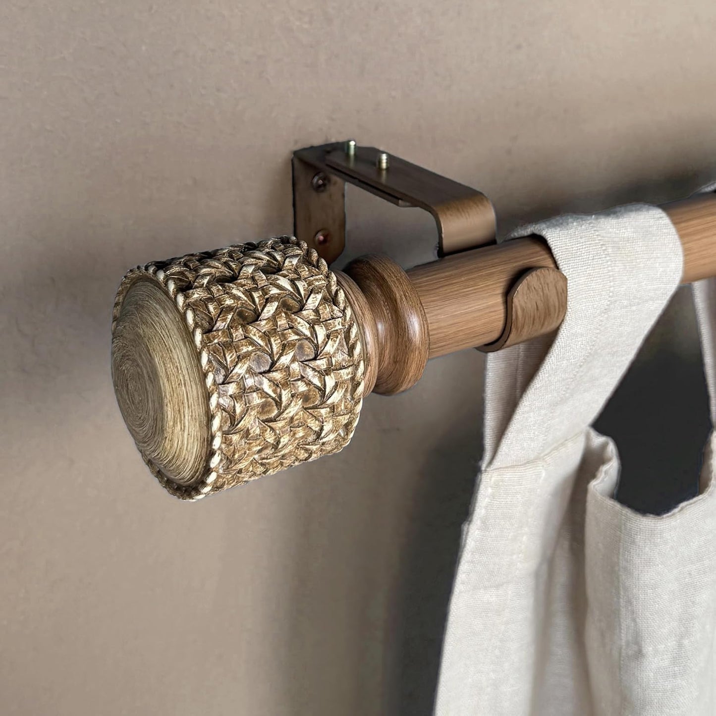 1-1/8 Inch Diameter Faux Wood Curtain Rods with Faux Rattan Cane Woven Finial, 72-144'' Telescoping Single Curtain Rods for window width 68-140 inch, 1 pack