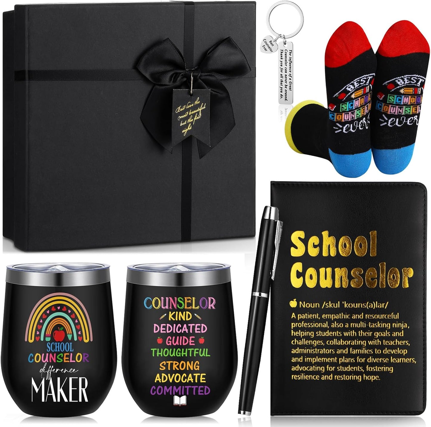 6 Pcs School Counselor Appreciation Gifts for Men Counselor Thank You Gifts 12 oz Stainless Steel Cup Socks Keychain Pen Notebook Box for School Counsellor Guidance Counseling Teacher