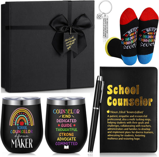6 Pcs School Counselor Appreciation Gifts for Men Counselor Thank You Gifts 12 oz Stainless Steel Cup Socks Keychain Pen Notebook Box for School Counsellor Guidance Counseling Teacher
