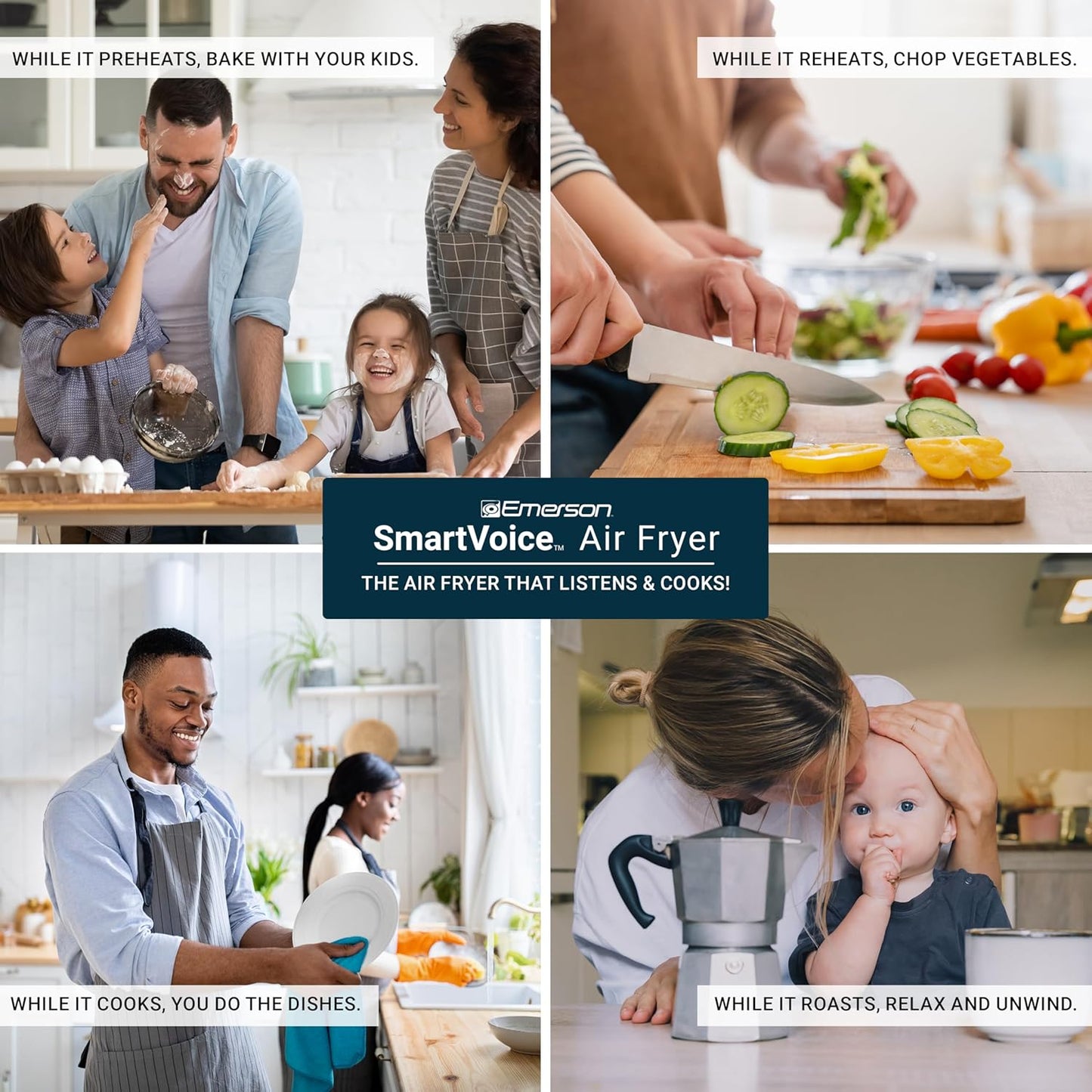 Emerson SmartVoice 10QT 6-in-1 Air Fryer, 1000+ Voice Control Commands, 100+ Recognized Food, No APP, No WIFI, No Setup, Nonstick Basket, Air Fry, Bake, Reheat, Dehydrate, 1700W