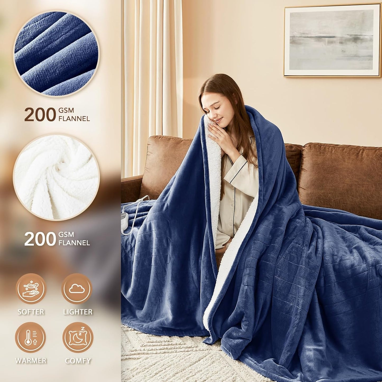Homemate Electric Heated Blanket Queen - 84"x90" Heating Bed Blankets Throw with 10 Heating Levels 8 Hours Auto Off Fast Heating Over-Heated Protection Ultra Soft Warm Flannel ETL Certified Navy Blue