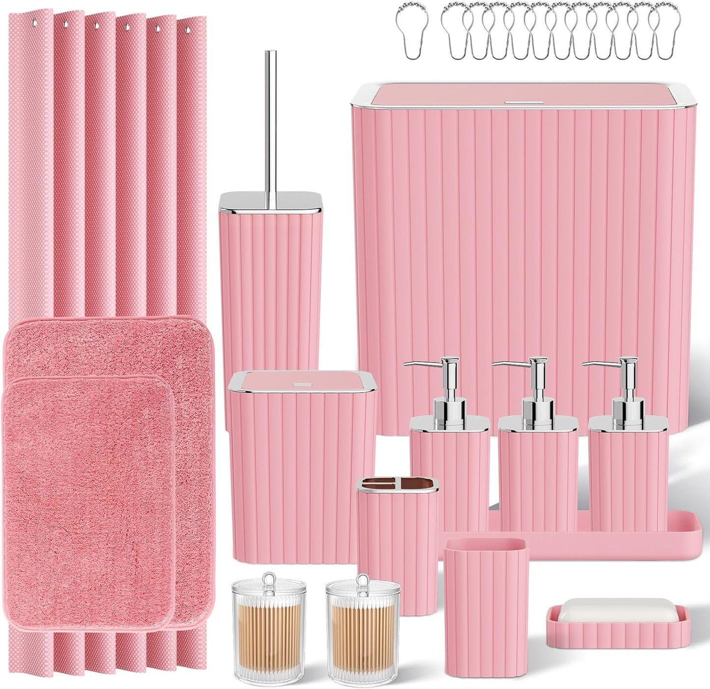 Bathroom Accessory Set - Bathroom Set, 27PC Bathroom Accessories Set, Pink Bathroom Sets with Shower Curtain and Rugs, Mini Trash Can, Toilet Brush, Trash Can & Soap Dispenser