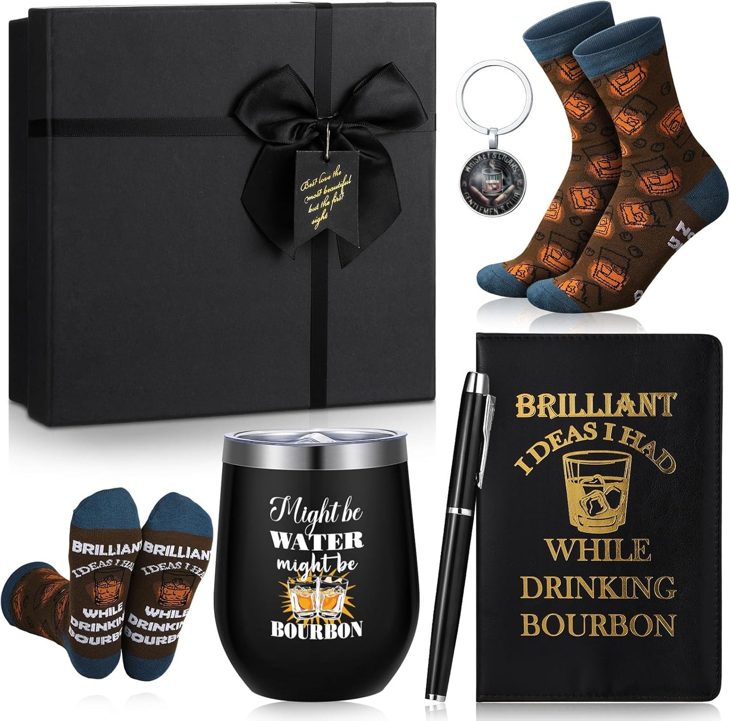 6 Pcs Novelty Bourbon Gift for Men Women Funny Whiskey Lovers Gifts 12 oz Stainless Steel Cup Socks Keychain Pen Notebook Box for Christmas Drink Party Bar Bourbon Whiskey Lovers Gift