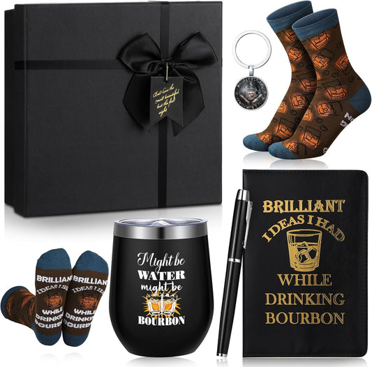 6 Pcs Novelty Bourbon Gift for Men Women Funny Whiskey Lovers Gifts 12 oz Stainless Steel Cup Socks Keychain Pen Notebook Box for Christmas Drink Party Bar Bourbon Whiskey Lovers Gift