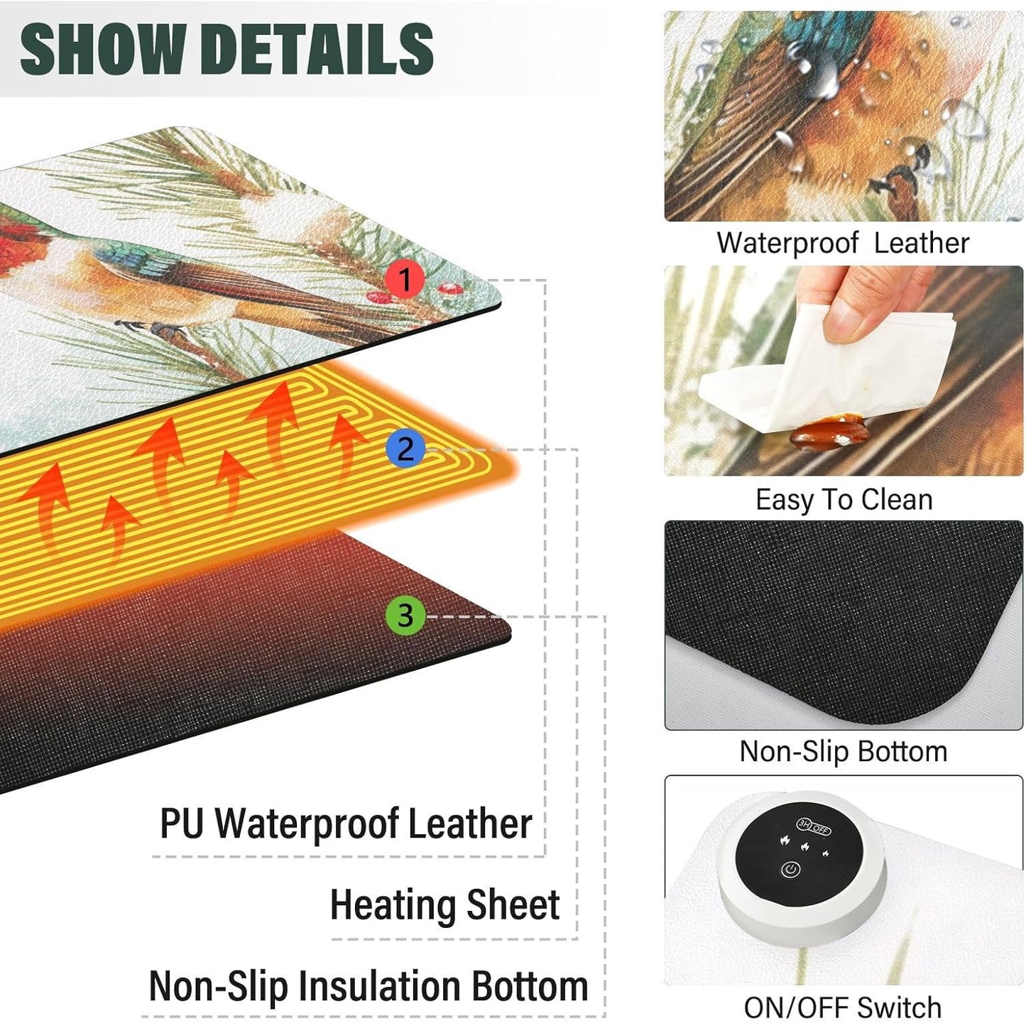 Heated Desk Pad Mouse Pad 31.5x13 Inch PU Leather Desk Mat with 3 Heat Levels Large Mouse Gaming Computer Laptop Mat Cartoon Hummingbirds and Pine Tree