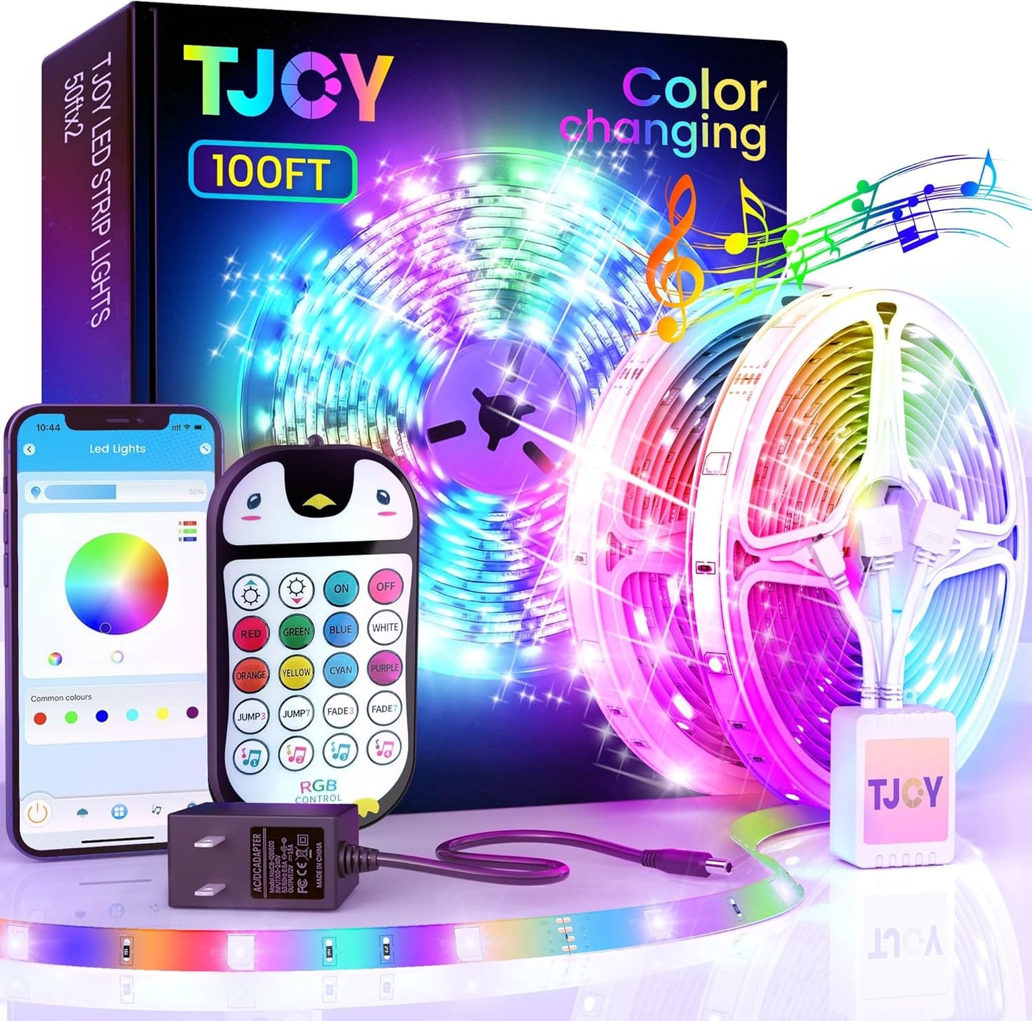 TJOY 100ft Kids Bluetooth LED Strip Lighting, Color Changing Lights for Bedroom, Music Sync RGB Tape Lighting with Child Remote, LED Lights for Room Decor Aesthetic Indoor(50ftx2)