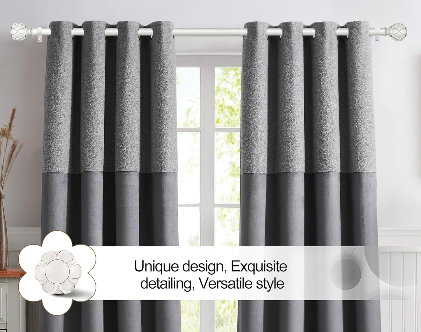 KAMANINA Curtain Rod 32 to 58 Inch(2.6-4.8Ft), Heavy Duty White Curtain Rods for Windows, 7/8 Inch Single Drapery Rod Adjustable, Decorative Netted Texture End