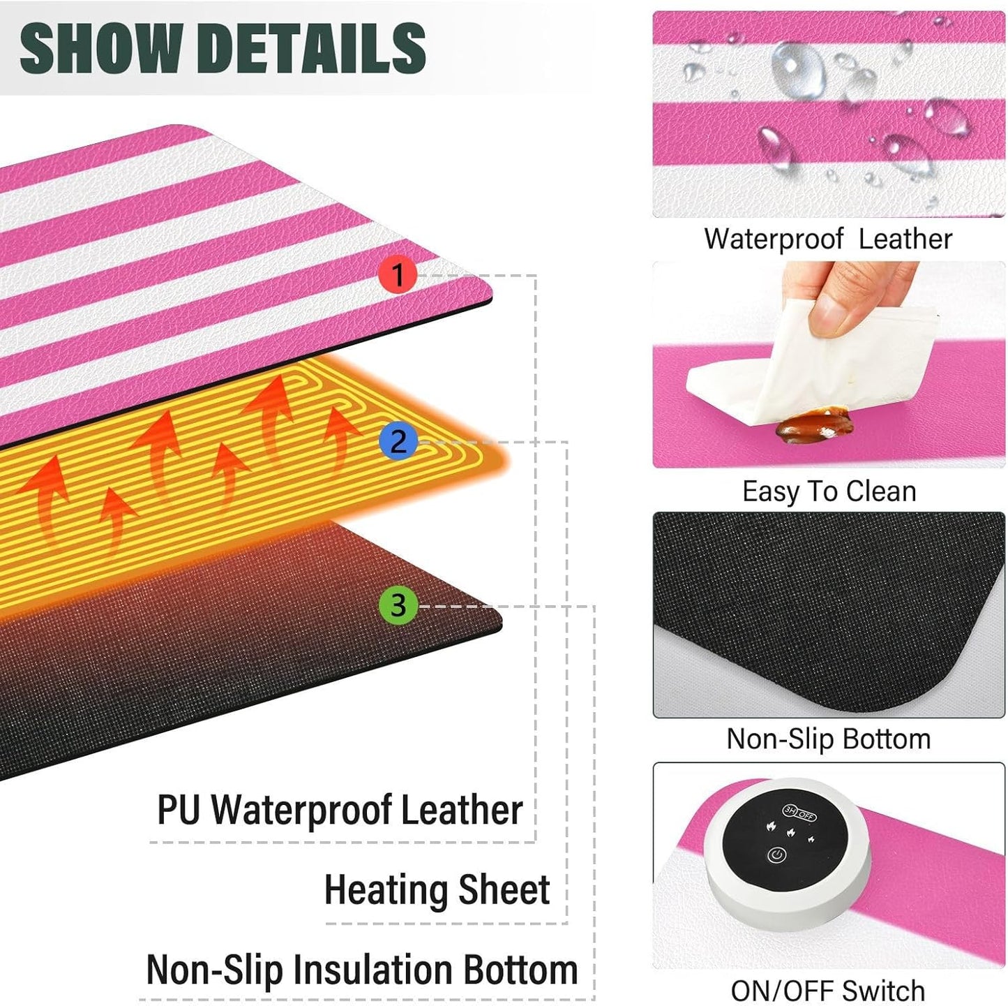 Heated Desk Pad Mouse Pad 31.5x13 Inch PU Leather Desk Mat with 3 Heat Levels Large Mouse Gaming Computer Laptop Mat Hot Pink White Stripes