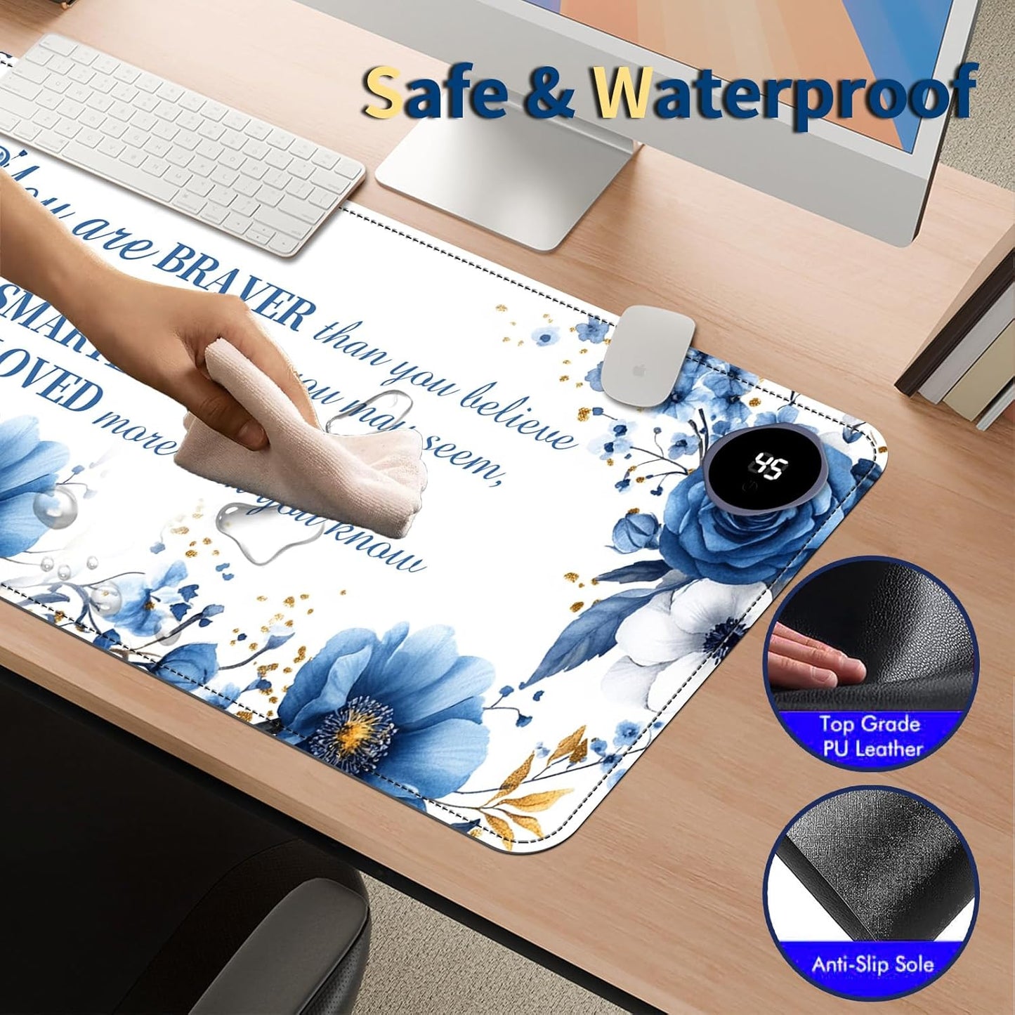 Heated Mouse Pad with 3 Temperature Settings(104°F–122°F),Large 31.5x13 Inch PU Leather Heated Desk Mat,Waterproof Warming Pad for Office,Gaming & Cold Hands Relief,Bule Flower Quotes