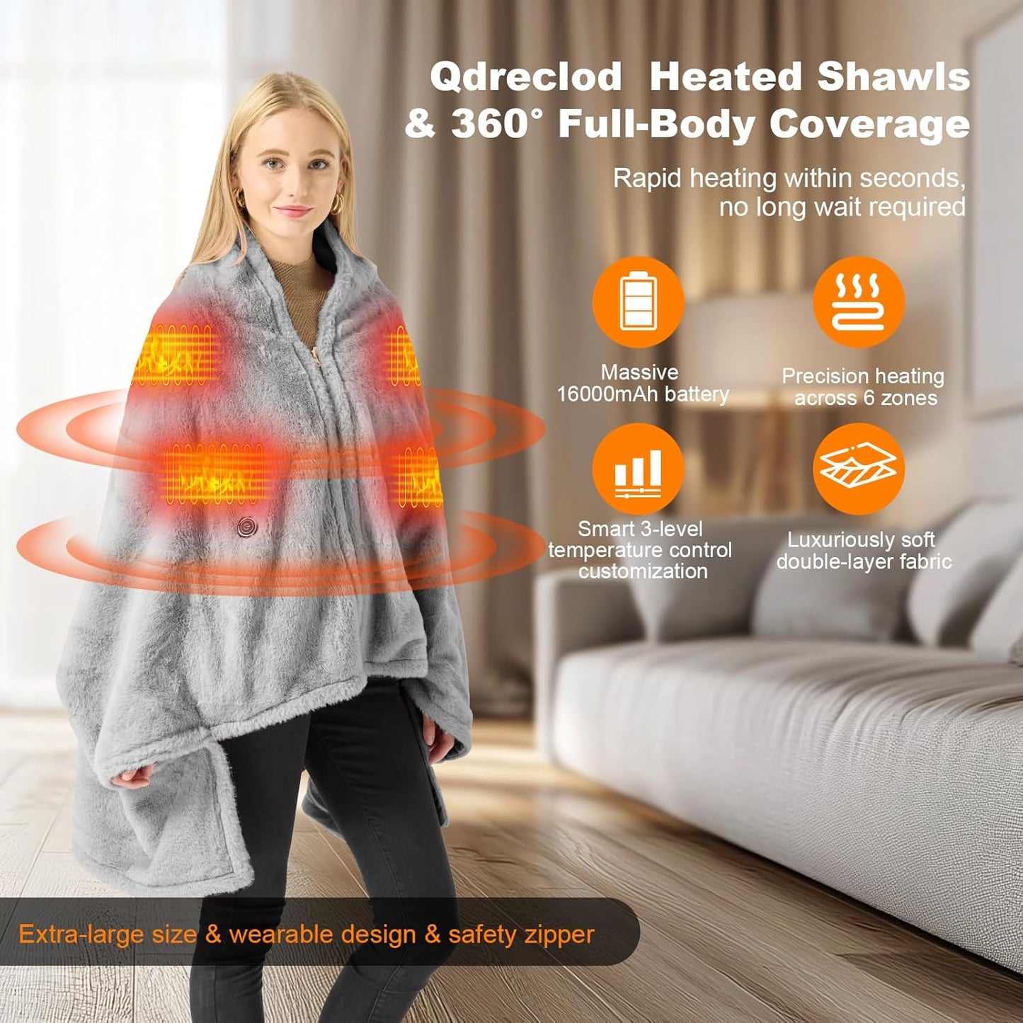 Cordless Heated Blanket Battery Operated with Fleece Lining 7.4V 16000mAh Battery Portable Wearable Heated Shawl for Women Men 6 Heating Zones 3 Fast-Heating Levels (Battery Included)