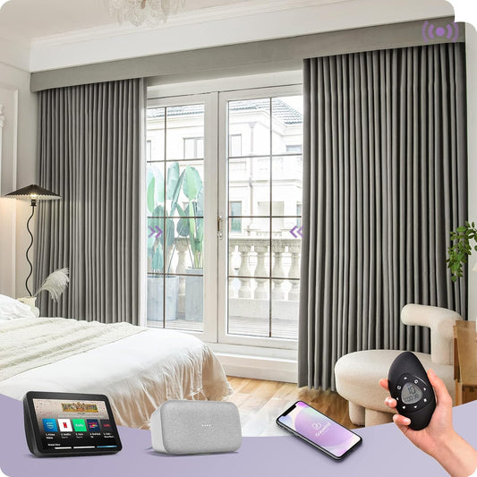 Graywind Rechargeable Smart Curtains Compatible with Alexa App Remote Control Motorized Drape for Sliding Door One-Way or Split Draw, Custom Width Up to 220" (Vintage Grey)