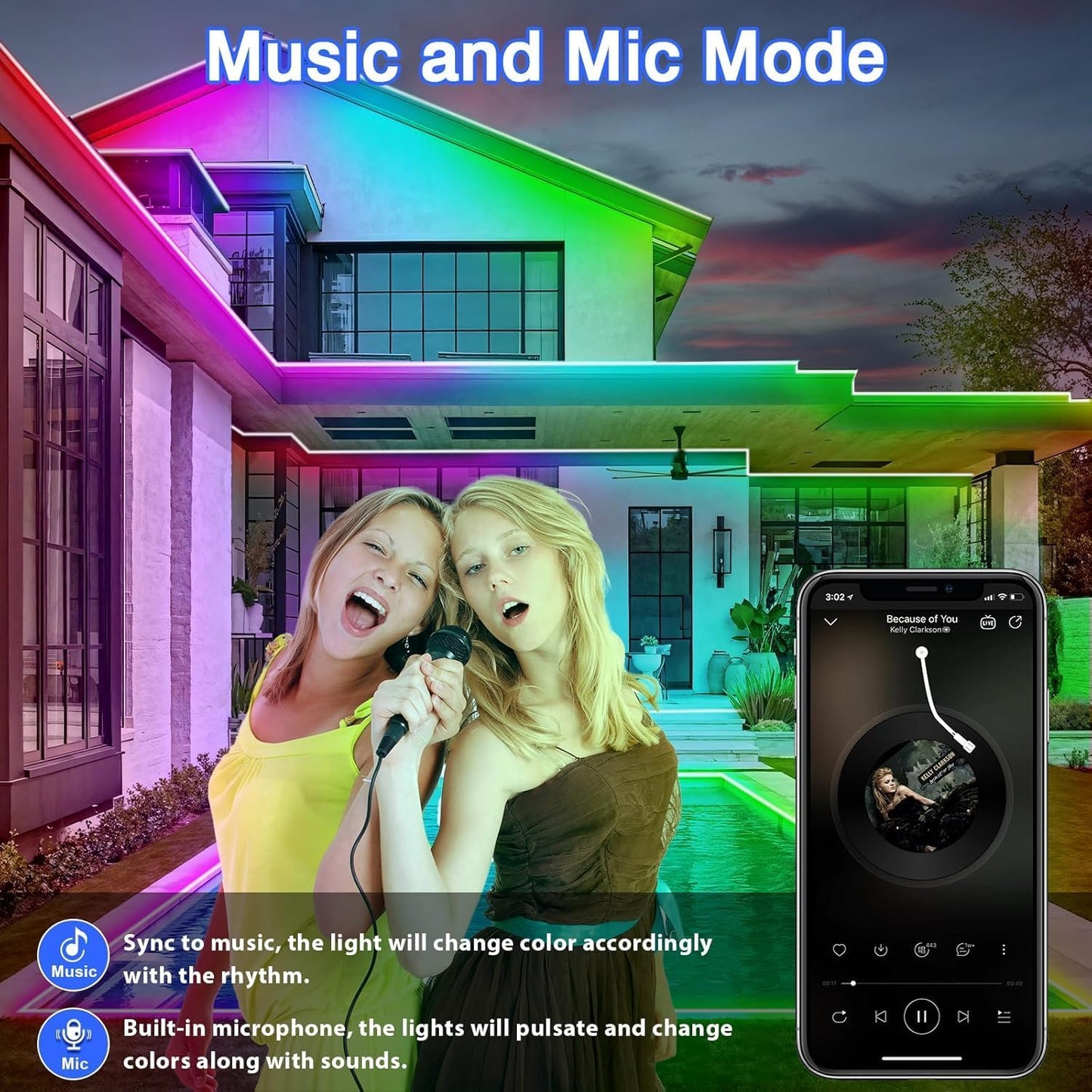 zoegi Outdoor LED Strip Lights Waterproof,Music Sync RGB IP68 Outside Led Light Strips Waterproof with App and Remote,Exterior Led Rope Lights for Deck,Balcony,Roof,Garden,Pool (50FT)