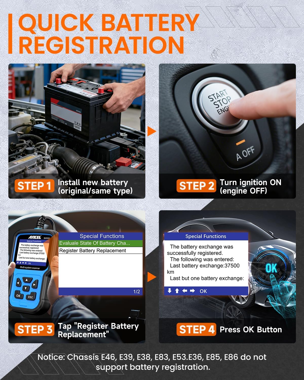 ANCEL BM500 Battery Registration Tool Fits for BMW Mini - All Systems OBD2 Scanner with Engine, ABS, SRS, ESP, SAS System Diagnosis, Car Code Reader for CBS, EPB, ETC, BMS, PCM, Oil Reset