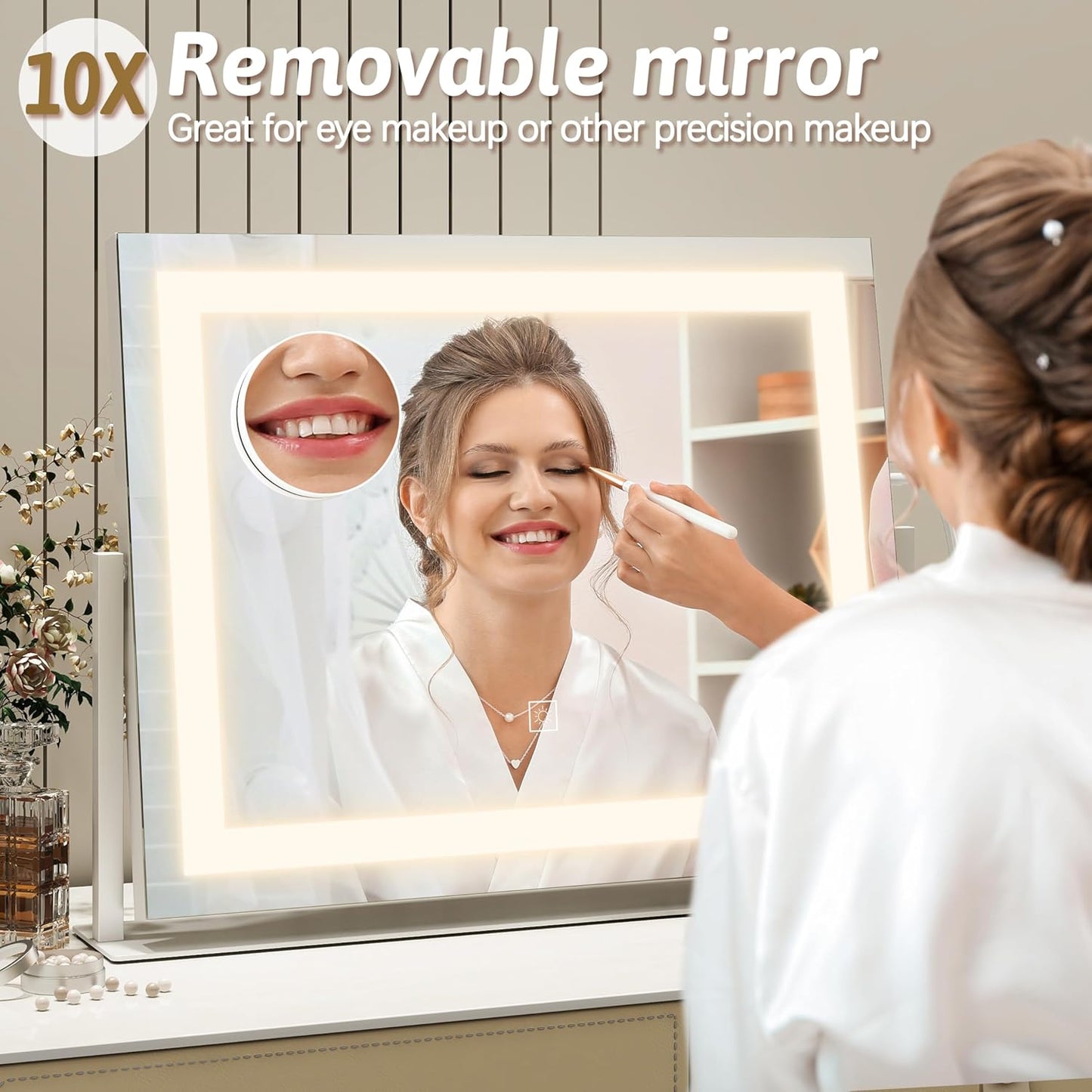 ROLOVE Vanity Mirror with Lights 22"x18", Lighted Makeup Mirror with 10X Magnification, Smart Touch 3 Colors Dimmable, 360° Rotation, Women Gift, Dresser Mount, Bathroom (White)
