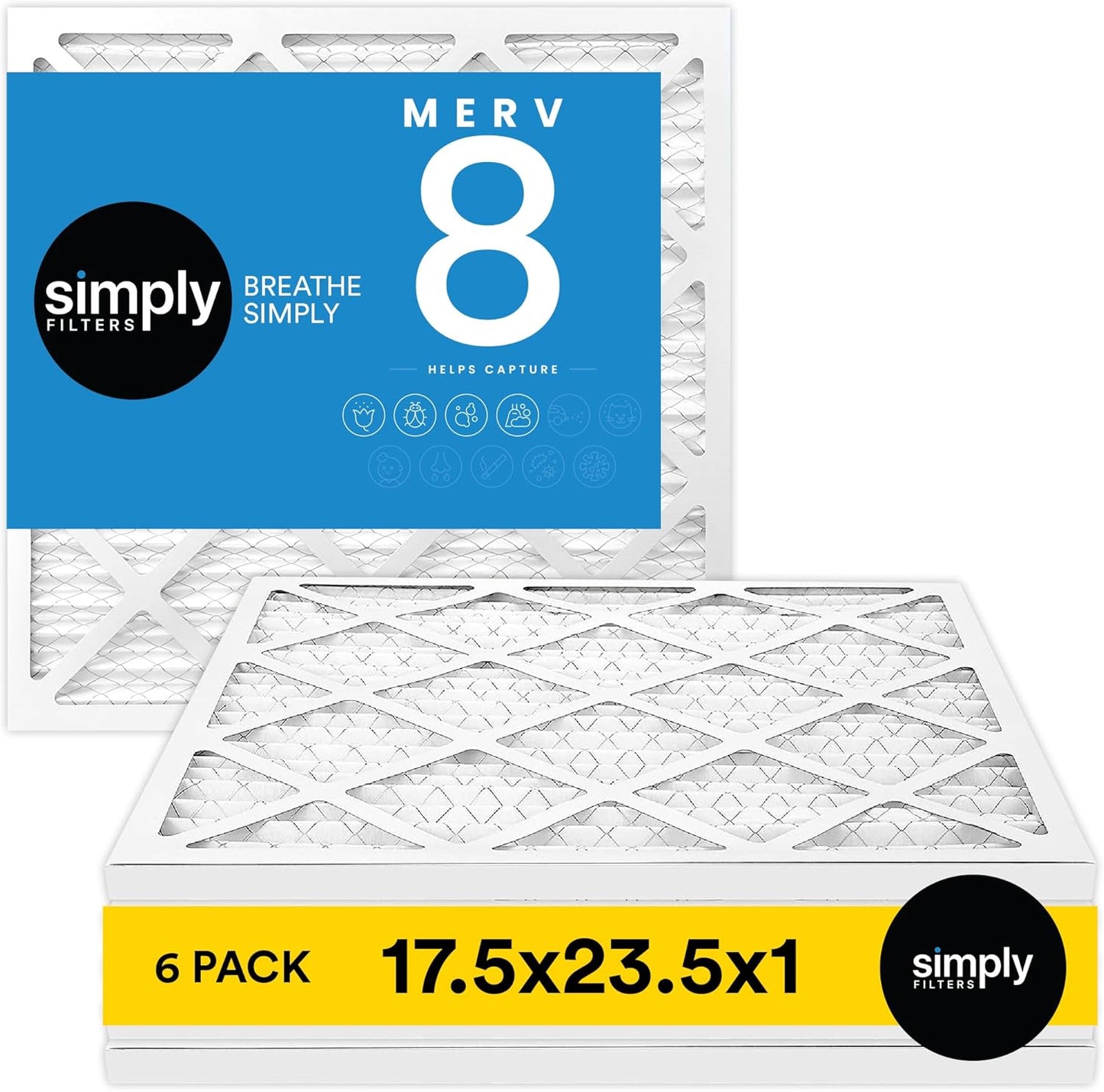 Simply 17.5x23.5x1 Air Filter, Merv 8, 6 Pack, For Home AC Furnace & HVAC (Actual Size: 17.5x23.5x"x0.75") DUST, Pet, & Allergy Control