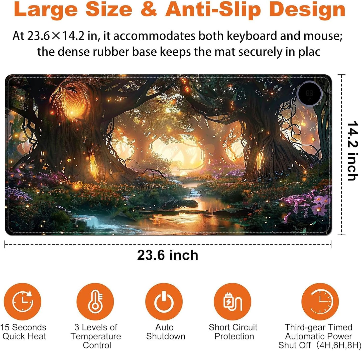Small Heated Desk Pad 23.6" x 14.2" – Compact Electric Mouse Pad with 3 Heating Levels, Auto Shut-Off, Waterproof PU Surface, Plug-in Warmer for Office or Home Use, Glowing Forest