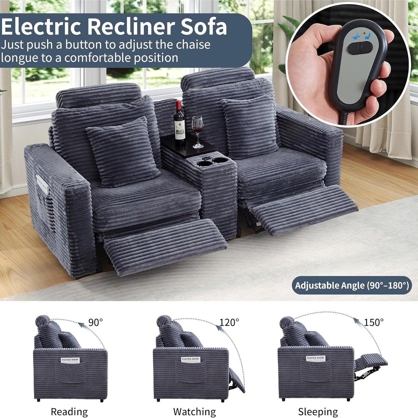 LEVNARY 2-Seater Modular Reclining Sofa with Center Console, Faux Rabbit Fur Power Recliner Loveseat with Cup Holders, USB Charging, Side Pockets & 2 Pillows, Living Room Furniture (Gray)