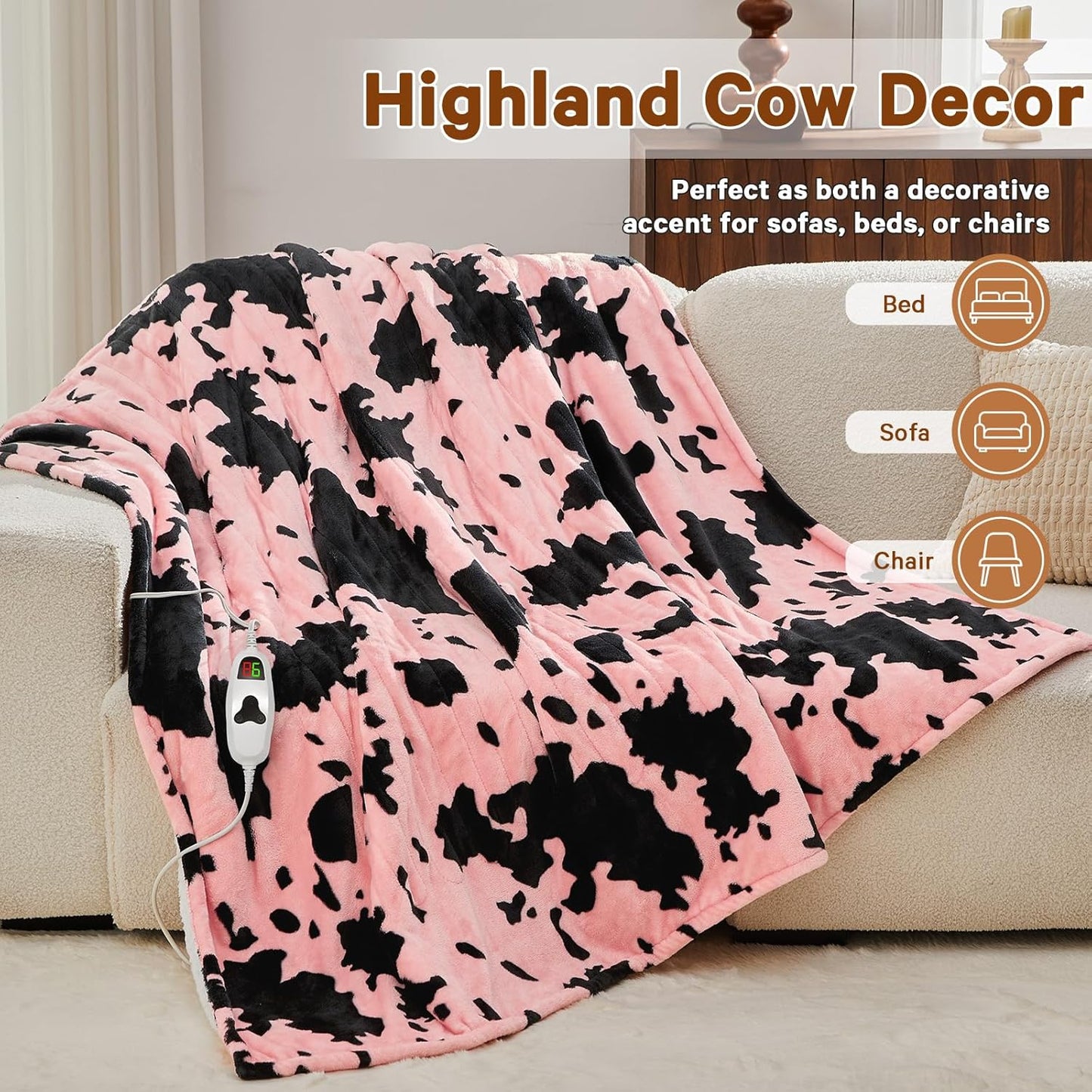 Cow Print Heated Electric Blanket Throw,50X60 Light Pink Heating Blanket with 10 Heats Levels & 8 Hours Auto Off,Highland Cow Stuff Fleece Sherpa Blankets Warmer Gifts for Women Adults Washable