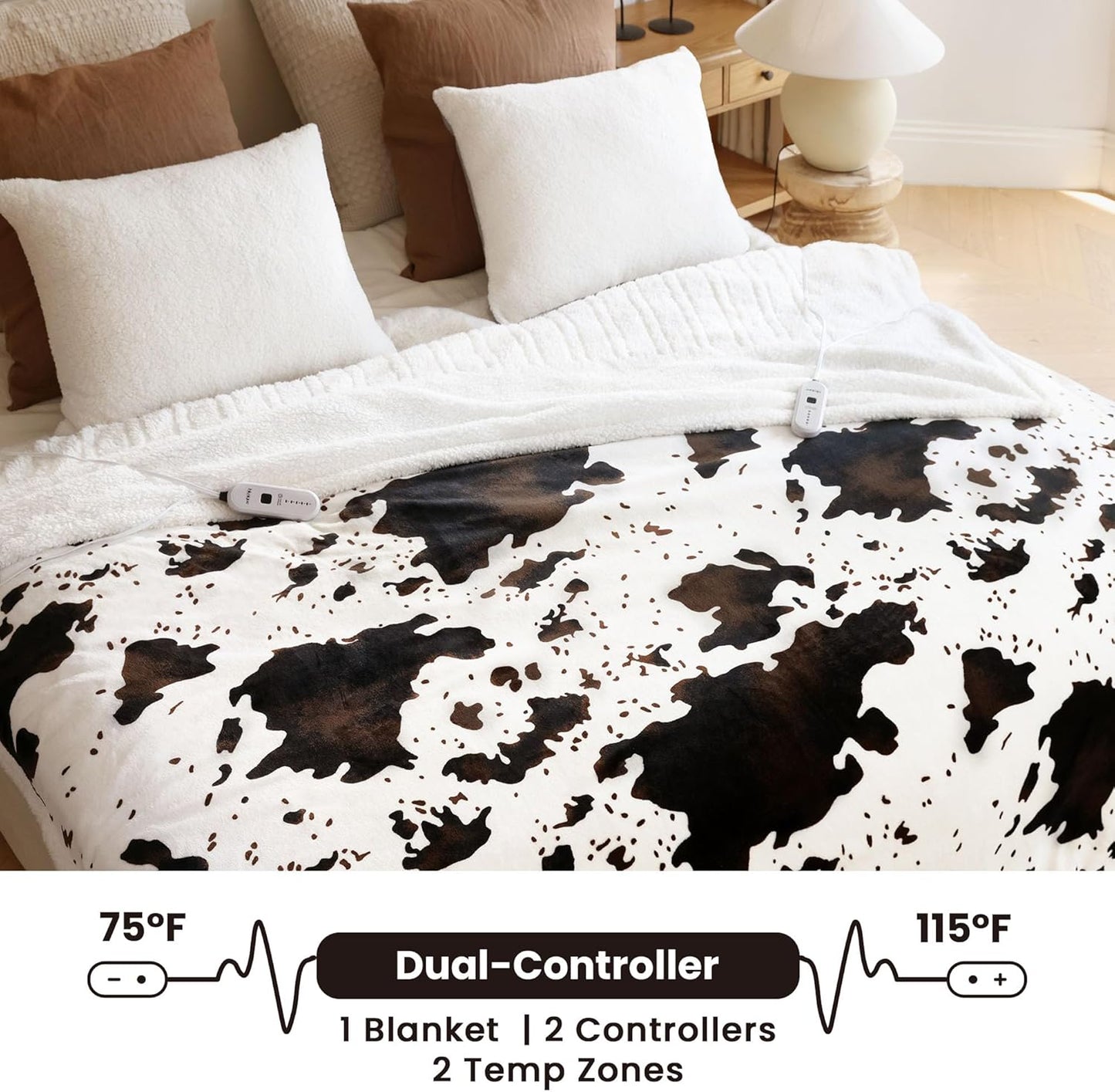 Cow Print Heated Electric Blanket King Size-Dual Control Heating Blanket King Size with 10 Heat Levels & 10 Hours Auto-Off, Cozy Soft Fleece Sherpa, Washable, 90x100 Inches Cow Print White