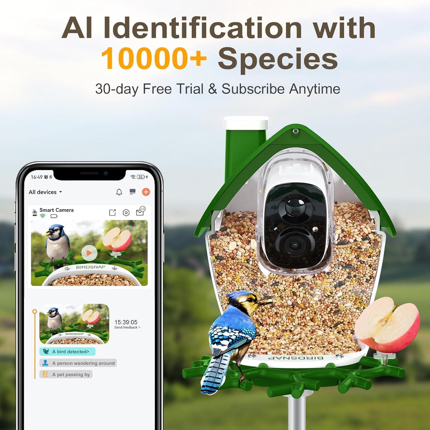 birdsnap® P33 - Smart Bird Feeder with Camera Solar Powered, 2K Video Bird Camera Feeder Live with 32GB Card, AI Identify Feather Species, Auto Record in Backyard, Ideal Gift for Birds Lover