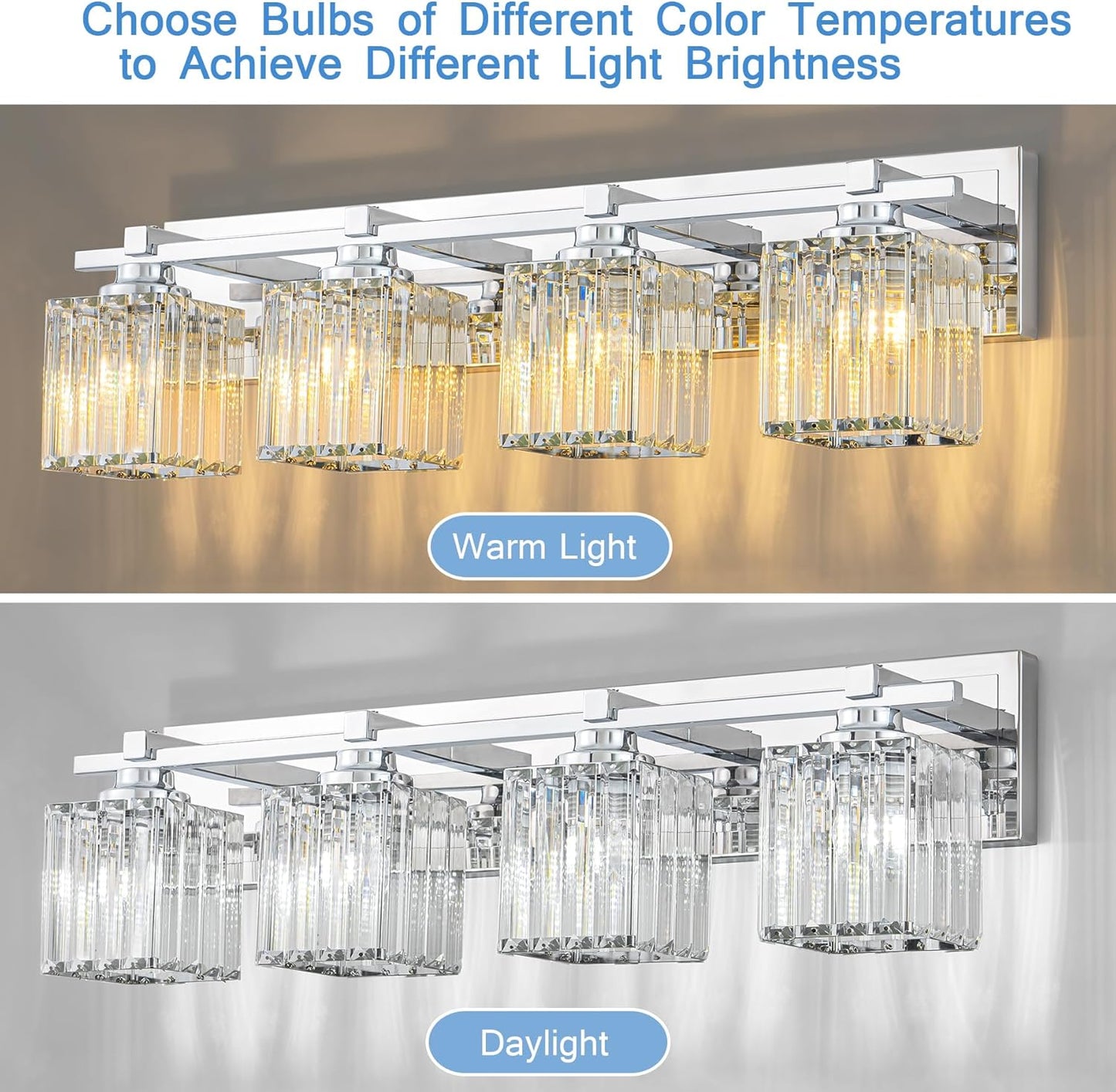 Crystal Bathroom Light Fixtures, 4 Light Chrome Vanity Lighting Over Mirror with Crystal Shades, Modern Bathroom Vanity Light for Restroom, Bath, Cabinet and Powder Room
