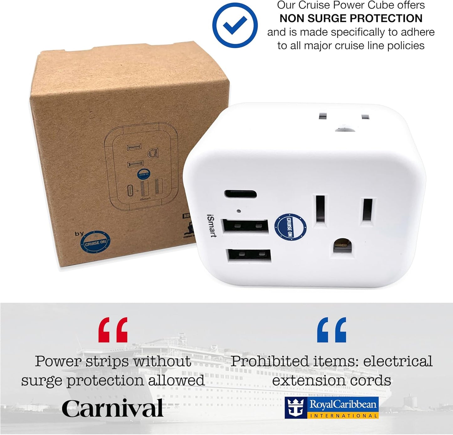 Cruise Approved Power Strip Non Surge Protector for Cruise Ship Multi Plug, 6 Outlets, 2 USB-A, 1 USB-C, & 3 AC Outlet for Carnival, Celebrity, Princess, Norwegian & Major Lines in 2025 & 2026