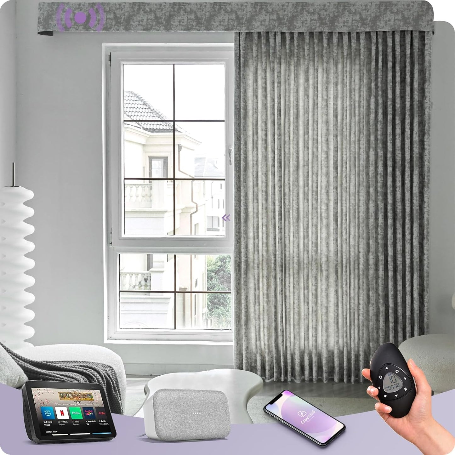 Graywind Rechargeable Smart Curtains Compatible with Alexa App Remote Control Motorized Drape for Sliding Door One-Way or Split Draw, Custom Width Up to 220" (Mist Series)