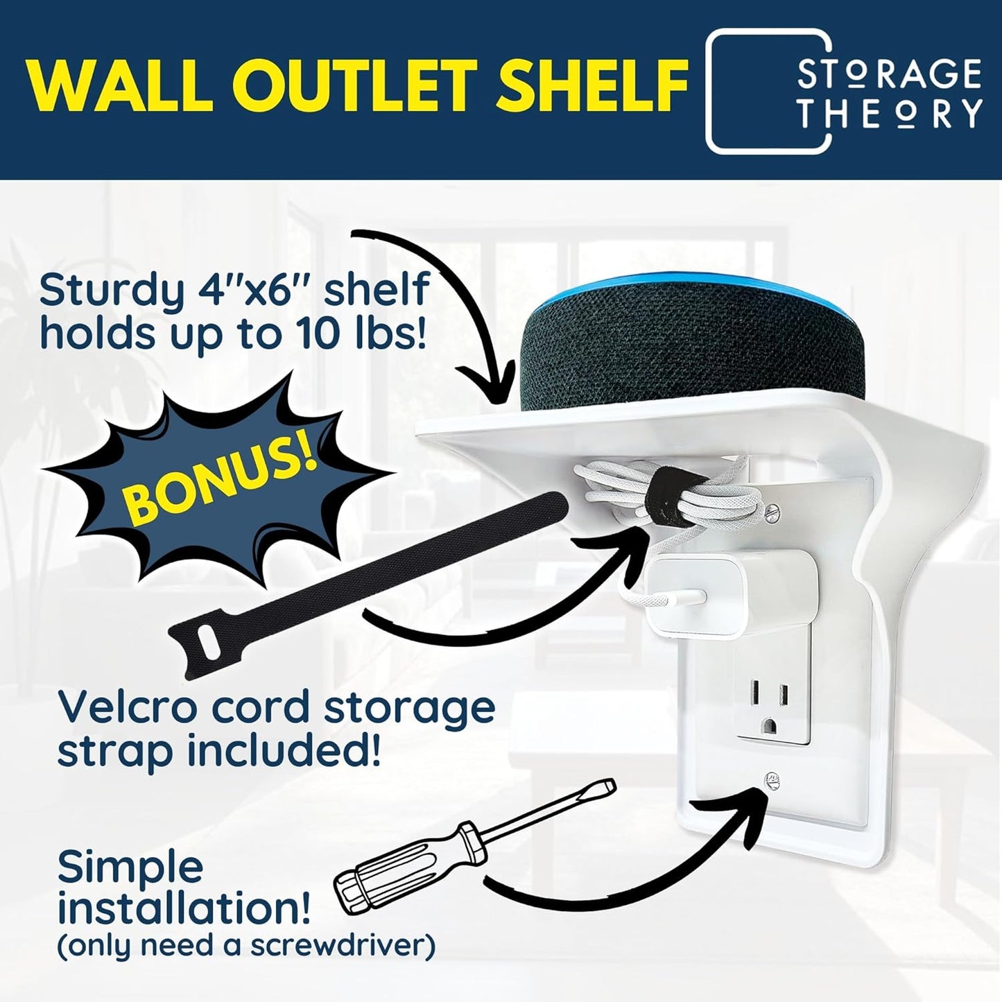 BeraTek Power Perch Wall Outlet Shelf with Cord Storage Strap - Declutter & Reclaim Counter Space - Top Uses: Charging Shelf, Echo Dot Stand, Apple HomePod Mini Wall Mount - White, 2-Pack