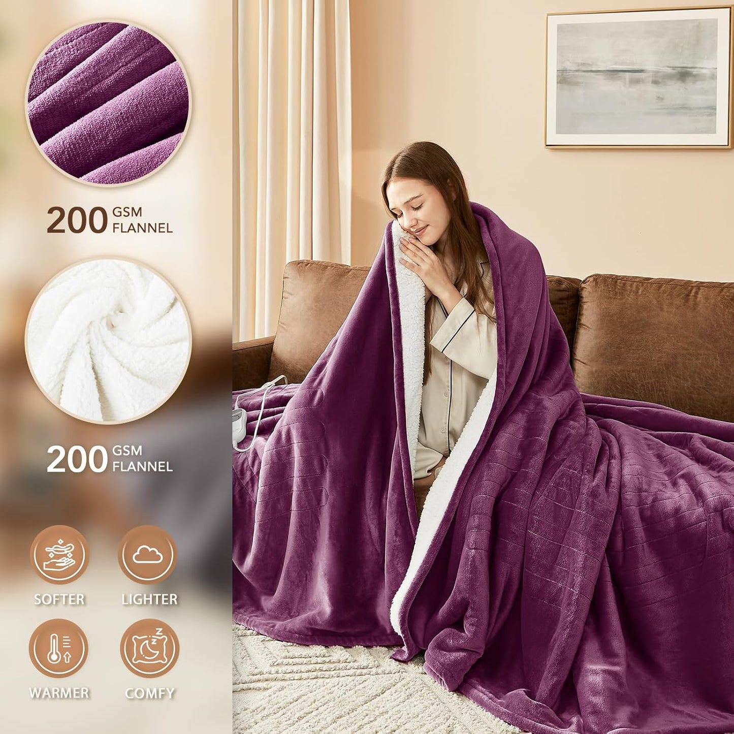 Homemate Electric Heated Blanket Queen - 84"x90" Heating Bed Blankets Throw with 10 Heating Levels 8 Hours Auto Off Fast Heating Over-Heated Protection Ultra Soft Warm Flannel ETL Certified Purple