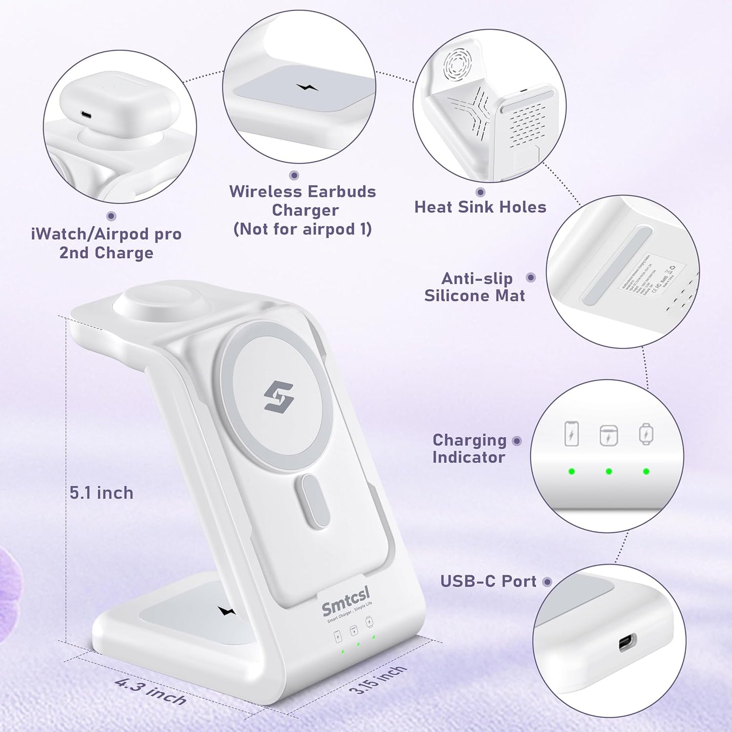 3 in 1 Wireless Charging Station: 10000mAh Removable Power Bank Charger Stand for Phone/Watch/Air Pods - Portable Magnetic Battery Pack for Air 17 16 15 14 13 12 Series White