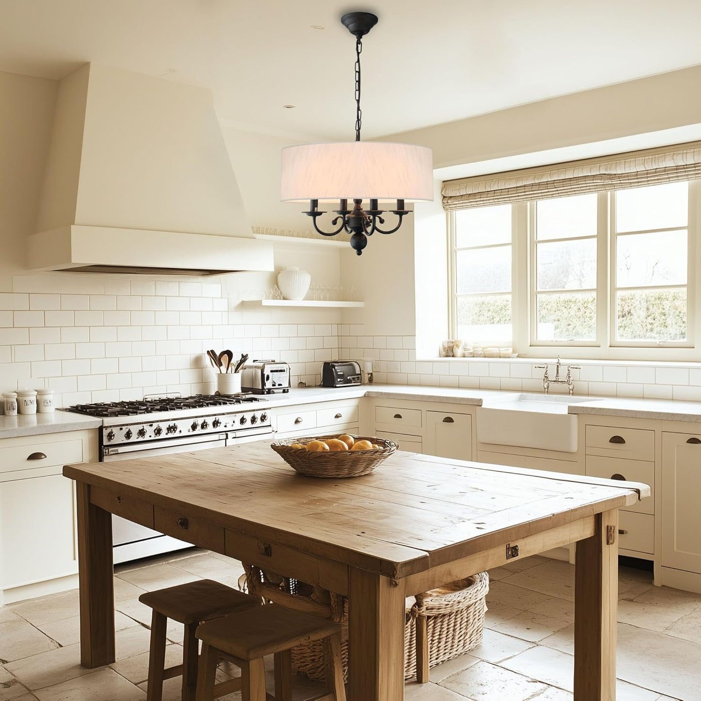 Drum Chandelier, 4-Lights Pendant Ceiling Hanging Light Fixture with Beige Shade, for Dining Room Living Room Bedroom Kitchen Island(17.75")