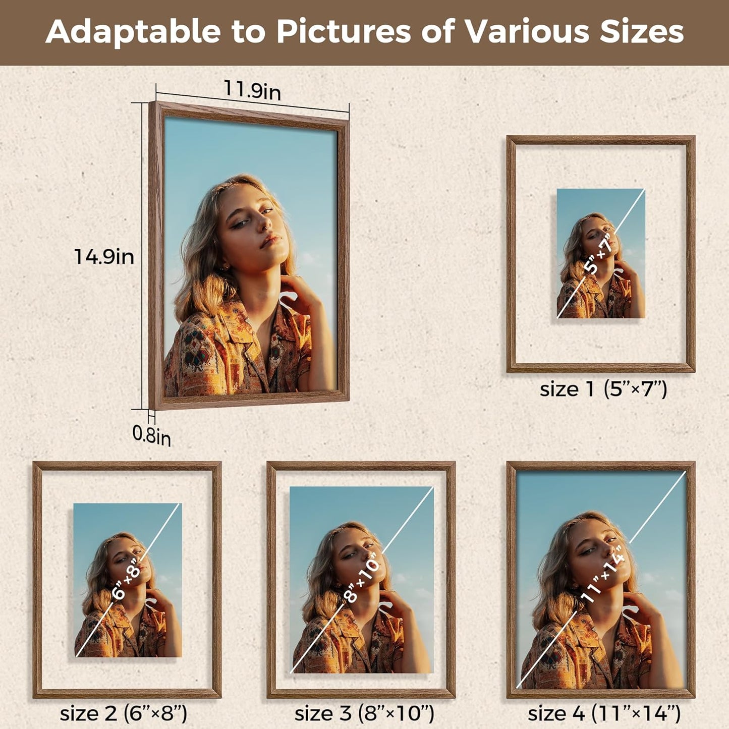 Axeman 11x14 Floating Picture Frame - Solid Oak Wood Square Picture Frame, Double Tempered Glass Photo Frame 4x6 5x7 8x10 11''x14'' Wood Frame, Wall Mount Or Tabletop Standing, Walnut