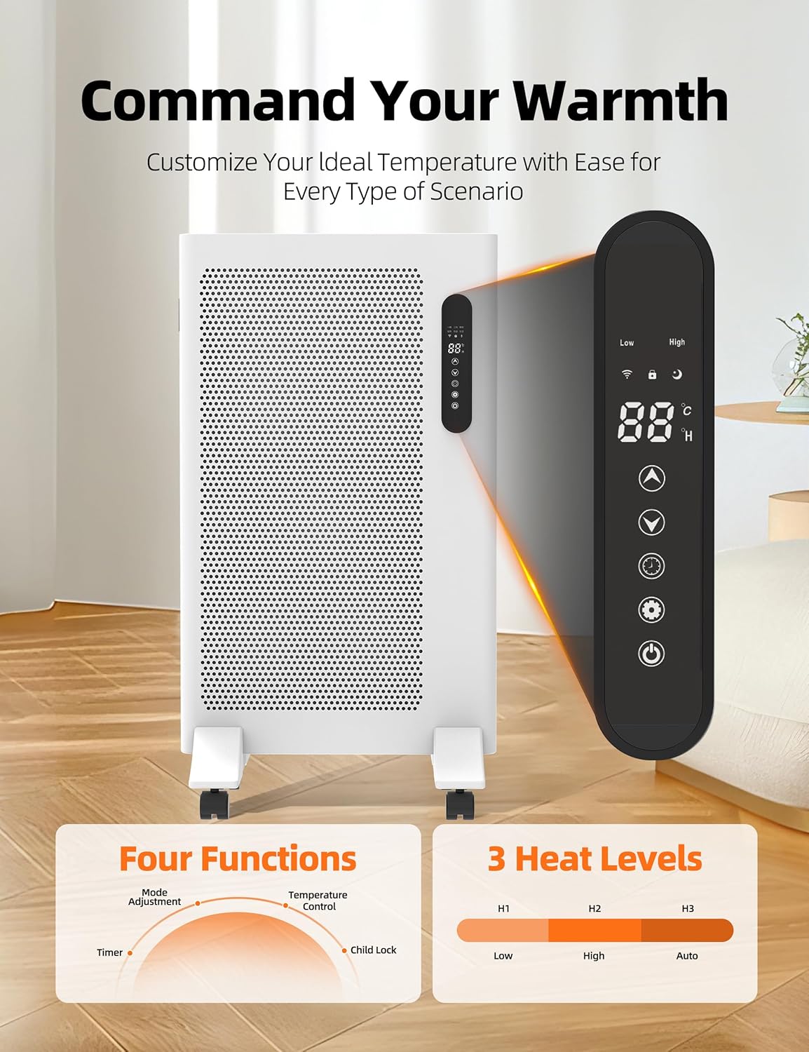 Mica Infrared Space Heater, 1500W Portable Panel Heater for Indoor Use, Large Room, WiFi Smart App & Alexa Control, Fast Heating, Energy Efficient, Quiet, White