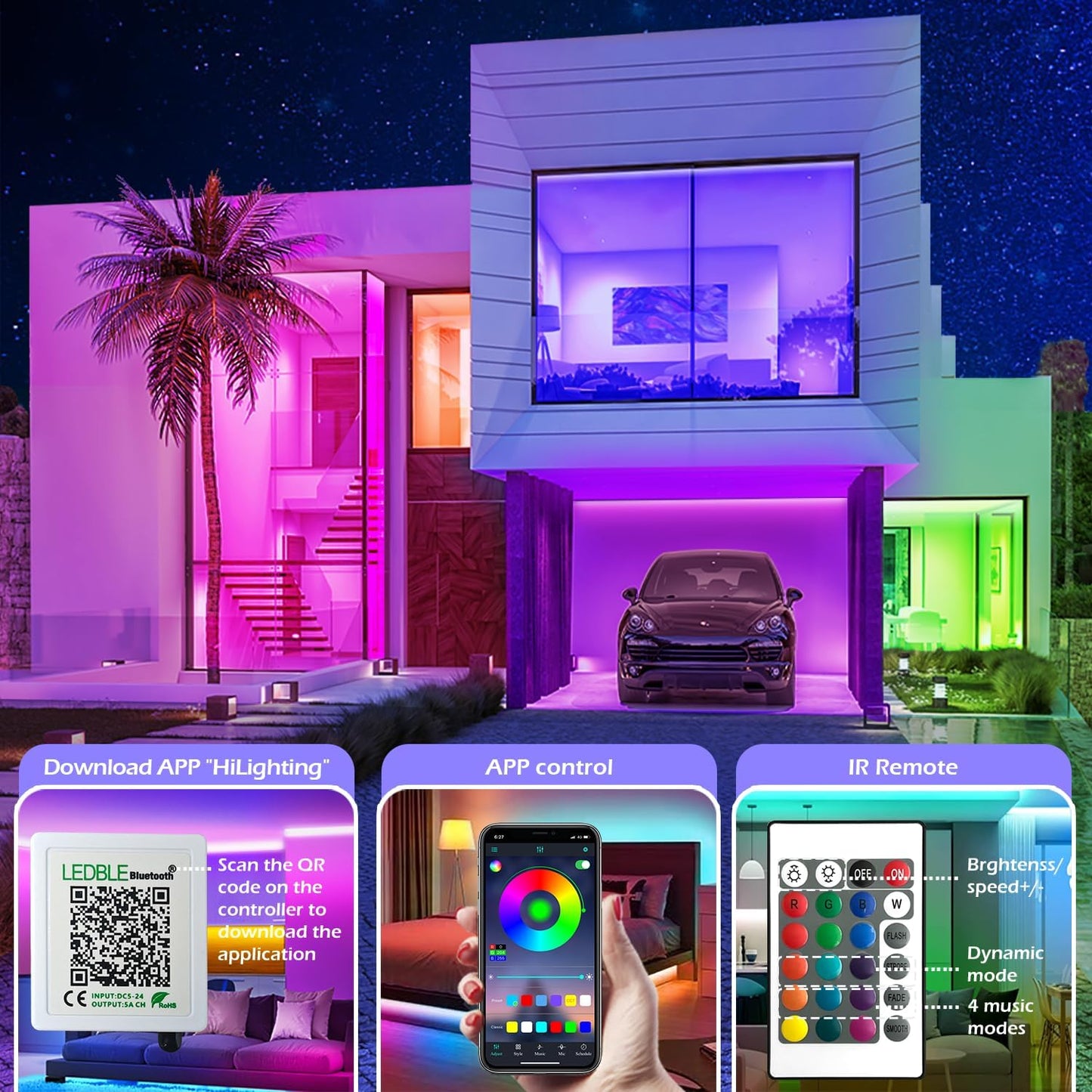 100ft Led Strip Lights,Long Smart Led Light Strips Music Sync 5050 RGB Color Changing Rope Lights,Bluetooth APP/IR Remote/Switch Box Control Led Lights for Bedroom,Home Decoration,Party,Festival