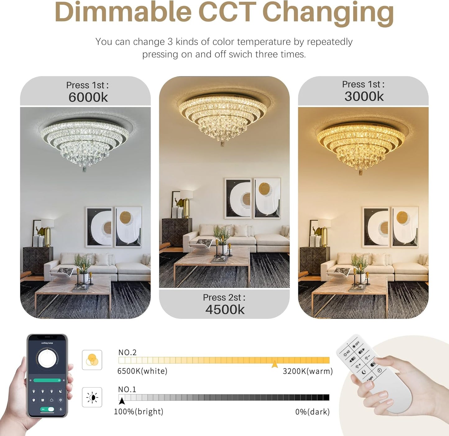 30 inch Flush Mount Crystal Chandeliers with Remote and APP Gold, Modern Elegant LED Crystal Raindrop Ceiling Light Fixture, 3CCT Dimmable, for Living Room Kitchen Island Bedroom Entryway Foyer