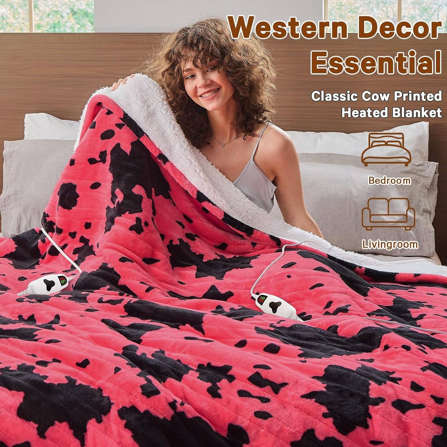 Cow Print Heated Electric Blanket Throw,50X60 Pink Heating Blanket with 10 Heats Levels & 8 Hours Auto Off,Highland Cow Decor Stuff Fleece Sherpa Blankets Warmer Gifts for Women Adults Washable
