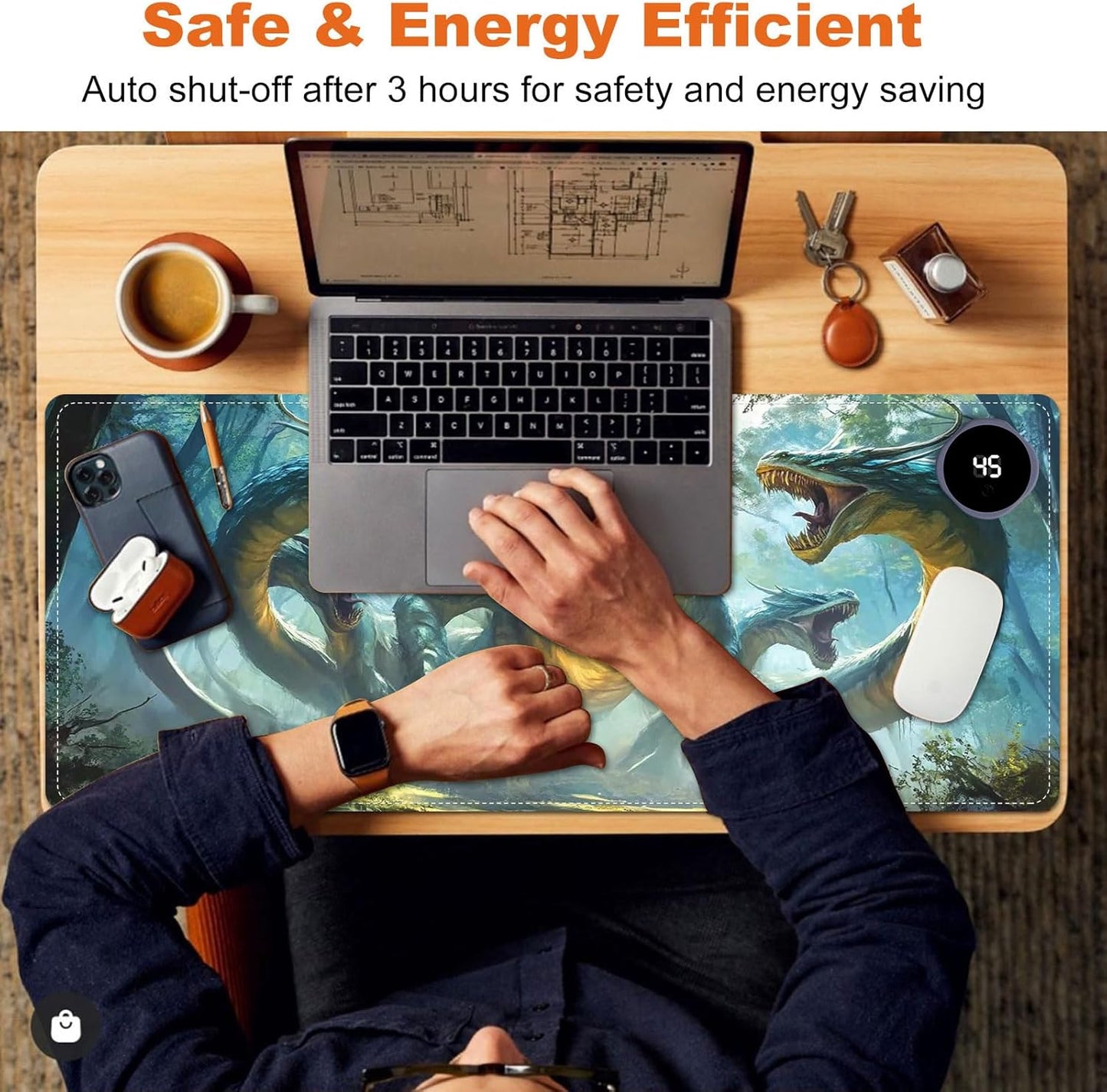 Heated Mouse Pad for Desk 31.5" x 13" – PU Leather Warm Desk Pad with 3 Heat Levels (104°F/113°F/122°F), Plug-in Electric Heating Mat with Auto Shut-Off, Waterproof & Rollable, Serpent Beast