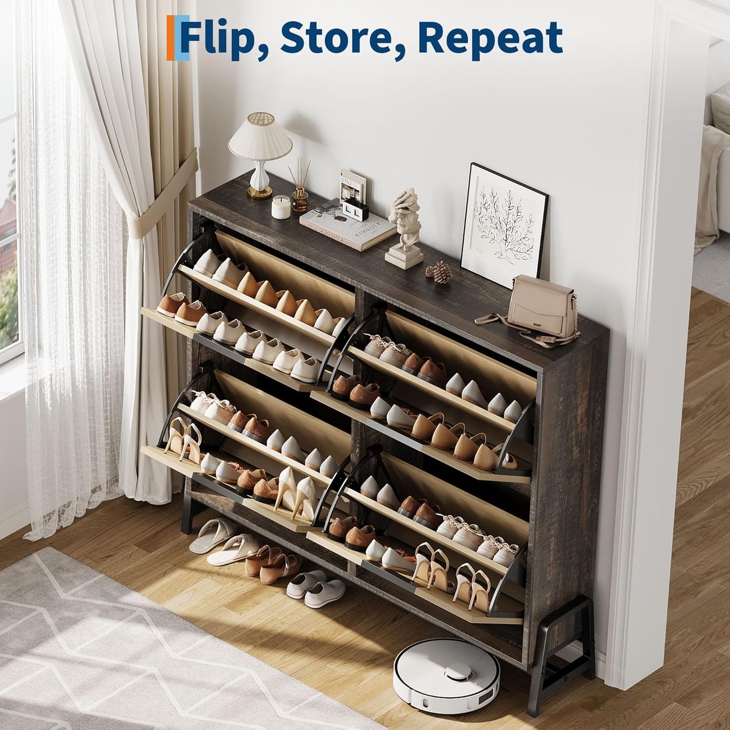 CABIHOME Shoe Cabinet Storage for Entryway, Narrow Shoe Organizers with 4 Flip Drawers, Freestanding with Metal Legs, Large Shoe Rack with 3-Tier Adjustable Shelves for Hallway, Living Room, Oak