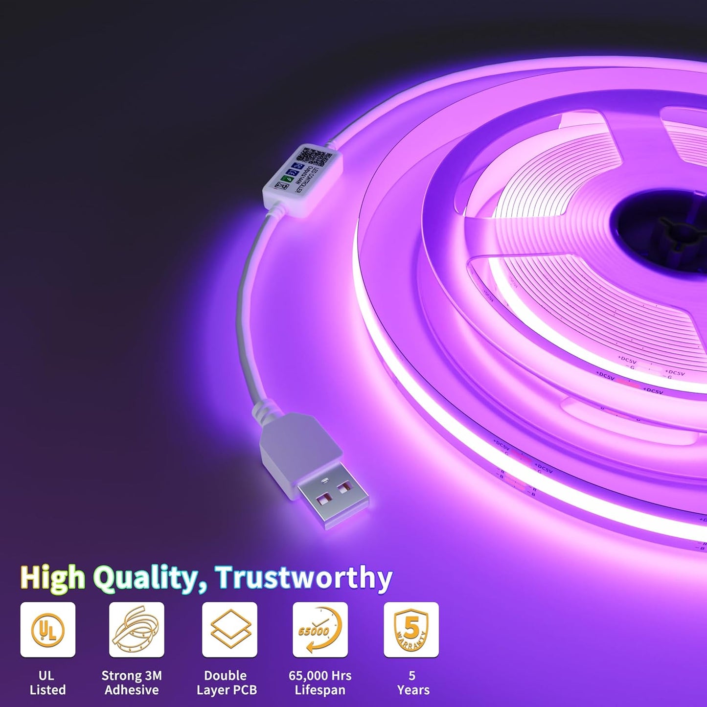 PAUTIX 5V USB RGB COB LED Strip Light 4.92ft/1.5m Color Changing Strip Lights,TV Backlight Multicolor Flexible Under Cabinet Tape Lights with Bluetooth Control for Bedroom,Kitchen,Home DIY Lighting