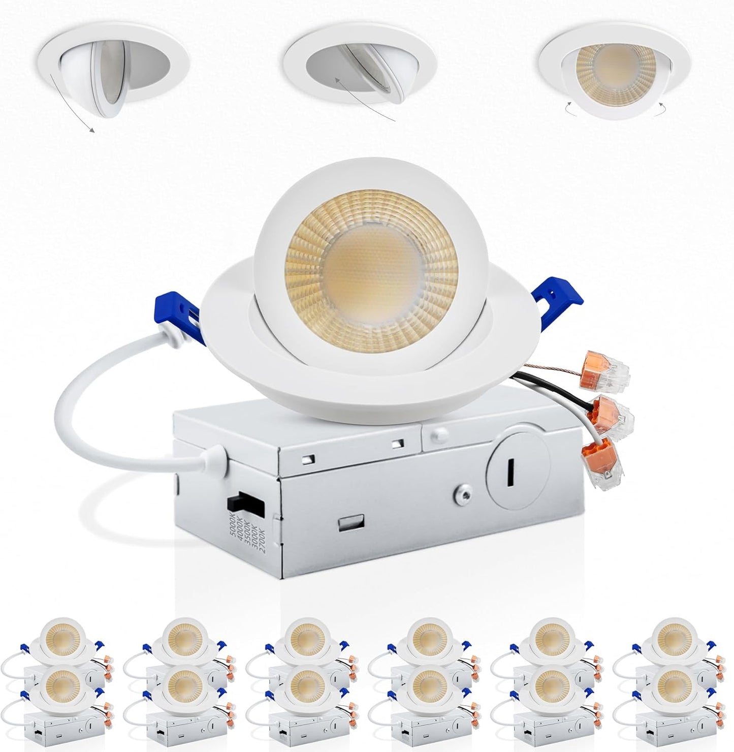 Adetu 3 Inch Gimbal Led Recessed Lighting, 360°+90° Adjustable Directional Recessed Lights, 2700K/3000K/3500K/4000K/5000K Dimmable Retrofit Eyeball Can Lights with Jbox,ETL (White, 12 Pack)